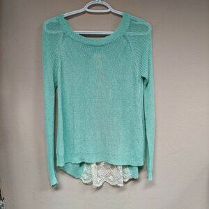 Women's Sweater Top Long Sleeve Shirt XL Embroidered Lace Back Knitted Green